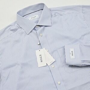 NEW Eton Mens 17 43 Dress Shirt Blue Striped Classic Preppy Business Ivy